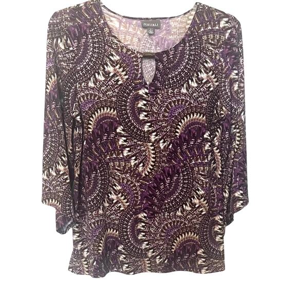 ROZ & ALI LONG SLV PULL-OVER RND NECK TUNIC BLOUSE, WOMEN, L, PURPLE BROWN ABSTR - Picture 1 of 12